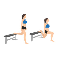 Obraz na płótnie Canvas Woman doing Bulgarian split squat exercise. Flat vector illustration isolated on white background