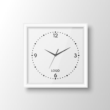 Vector 3d Realistic Square White Wall Office Clock Design Template Isolated on White. Dial with Roman Numerals. Mock-up of Wall Clock for Branding and Advertise Isolated. Clock Face Design