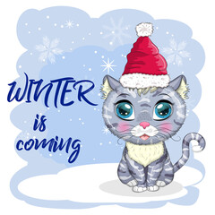 Cute cartoon cat in a Santa hat on a background of snow. Winter 2023, Christmas and Chinese New Year.