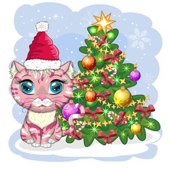 Cute cartoon cat in Santa's hat near the decorated Christmas tree. Winter 2023, Christmas and Chinese New
