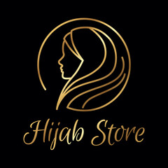 Muslim woman wearing hijab. Fashion logo design vector symbol. Scarf logo template for shop, store, print. Gold and black.