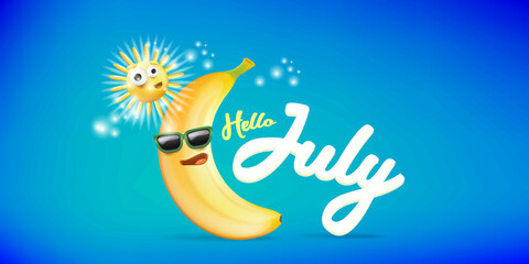 hello July horizontal banner with cartoon sun and funky banana character isolated on summer turquoise background. Vector 3d clay horizontal hello july scene, poster, flyer, banner and background © zmiter