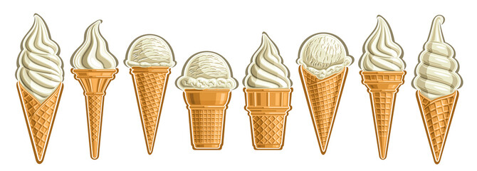 Vector Ice Cream Set, banner with lot collection of cut out different illustrations of group american scoop ball ice creams in waffle cone and vanilla soft serve icecreams in a row on white background - obrazy, fototapety, plakaty