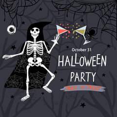 Halloween party poster with human skeleton, web, spider, magic drinks and lettering.Colorful background for printing on fabric and paper.Vector hand drawn illustration for design card,invitation.