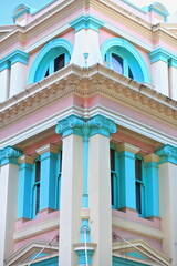 Pastel colored painted heritage building-Albert and Queen streets corner. Brisbane-Australia-006