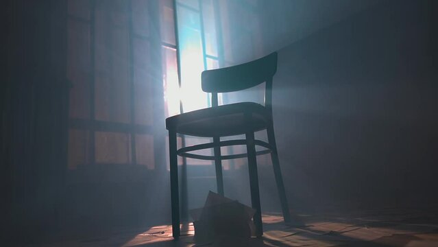 Aged book pages falling on black chair in rays of bright light shining through window shutters in old mansion. Volume of a rare book edition in an archive filled with haze. Mystic dark library room.