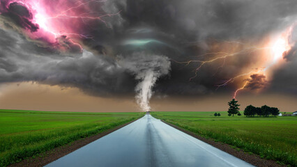 Tornado on a straight road. dramatic storm powerful tornado twisting through the countryside with...