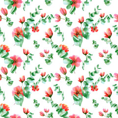 Seamless floral pattern. Watercolor background with green eucalyptus leaves,  red garden rose flowers for wrapping paper, textile prints, wallpaper