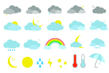 Big vector set of weather icons.Symbols of rain, clouds,rainbow,stars,moon, snow,sun.Hot and cold weather. Meteo forecast icons vector set.