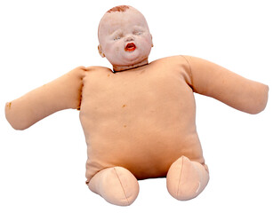 Oddly shaped doll with no clothes: square  swollen body and no hands.