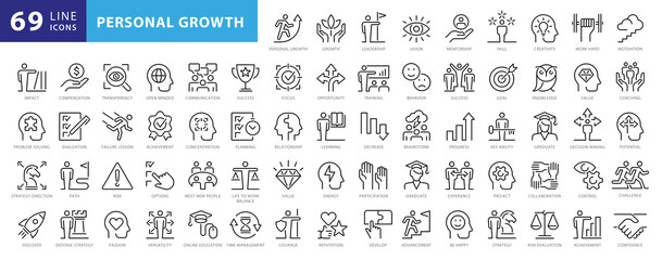 Fototapeta premium Vector set thin icons related to career progress, coaching, business people training, tutorship and professional consulting service. Mono line pictograms and infographics design elements
