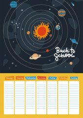 A4 School timetable with Solar system. Galaxy universe weekly planner template. School schedule and time table frames with planets and stars in outer space. Vector flat hand drawn illustration. - obrazy, fototapety, plakaty