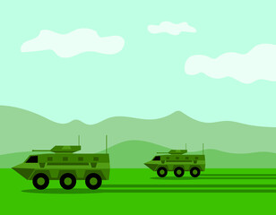 rocket or bomb falls on apc vehicles in the field, armoured personnel carrier, military vehicle, battle taxi, vector illustration 