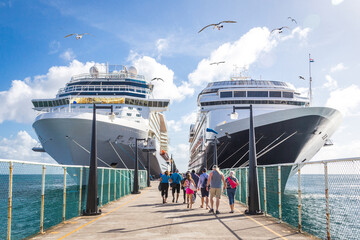 Cruise passengers return to cruise ships at St Kitts Port Zante cruise ship terminal with flying seagulls - obrazy, fototapety, plakaty