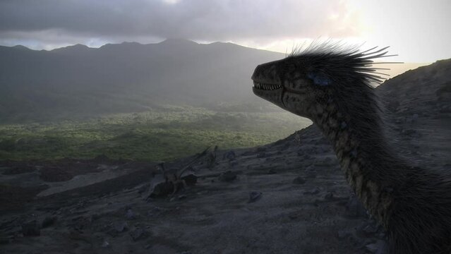 Dromeosaurs in the shadow of a volcanic landscape