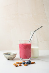 Almond vegan milk and blueberries smoothie healthy food