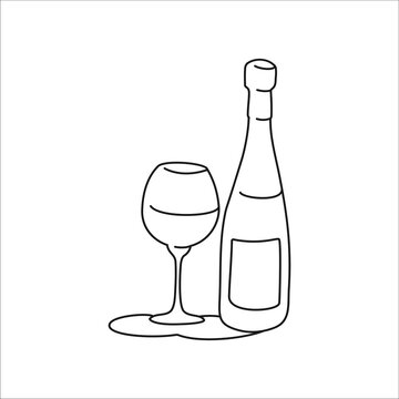 Wine bottle and glass outline icon on white background. Black white cartoon sketch graphic design. Doodle style. Hand drawn image. Party drinks concept. Freehand drawing style