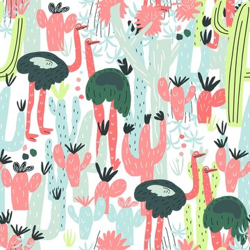 Ostrich, cactus. Vector print, element of seamless pattern