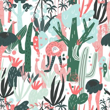 Ostrich cactus tree. Vector print, element of seamless pattern