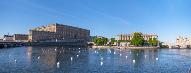 The bay Strömmen, the royal castle and governmental buildings a summer day in Stockholm