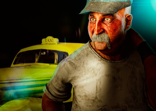 old taxi driver in dirty shirt and hat with a mustache. Illustration