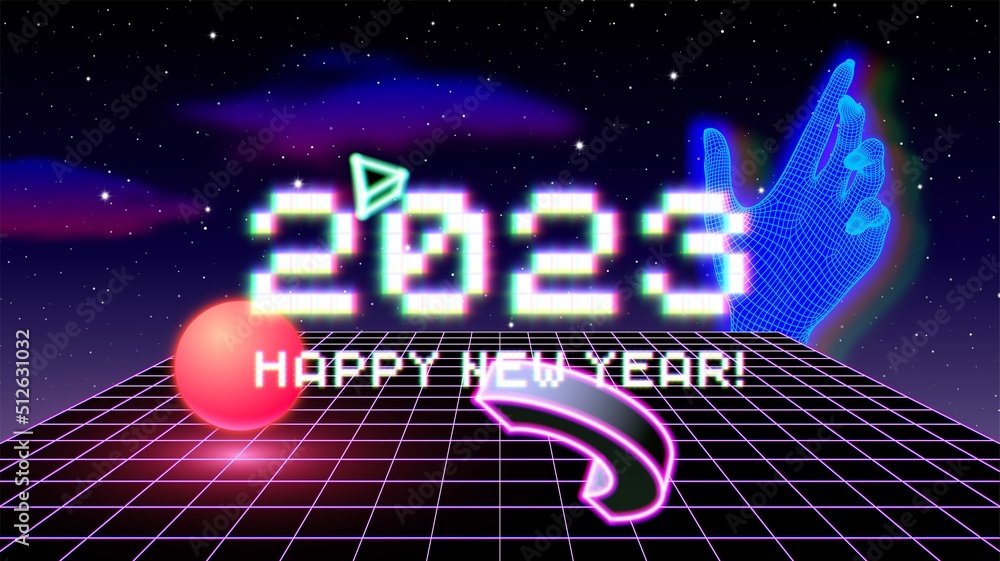 Aufkleber 2023 new year sign with glitched glowing pixels and abstract 90s styled composition of 3d shapes. wi