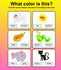 What color is this worksheet. Preschool Education. Vector illustration.