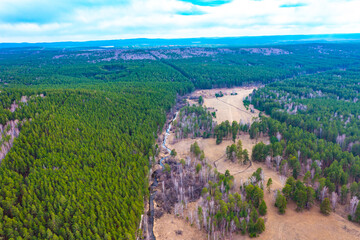 Aerial View Green Forest Woods And River Landscape In Sunny Spring Day. Top View Of Nature In...