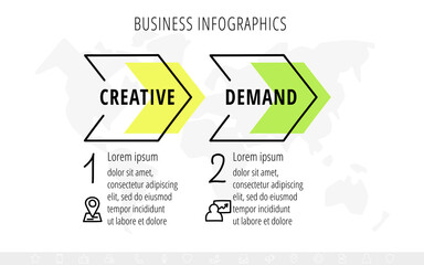 Business modern creative design. Linear infographic timeline. Template process with 2 steps, arrows, and options. Vector illustration.