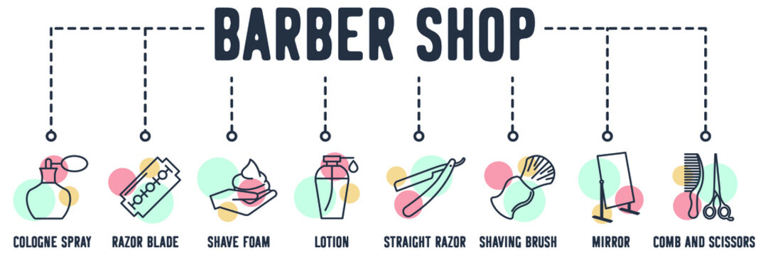 Barber Shop web icon. cologne spray, razor blade, mirror, comb and scissors, straight razor, shaving brush, shave foam, lotion, barber pole vector illustration concept.