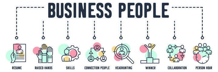 Business People banner web icon. resume, raised hands, skills, connection people, headhunting, winner, collaboration, person hour vector illustration concept.