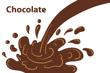 Chocolate splash banner. Dairy splashes, dark creamy liquid drops. Fresh farm food, Chocolate flow element. Flat Chocolateshake wave recent vector poster. product background.