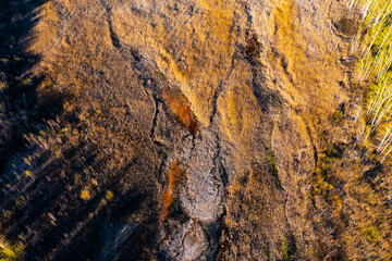 Polluted rusty dirty creek. Nature pollution concept. Water with pieces of ice around the edges. Top view of the yellow stream