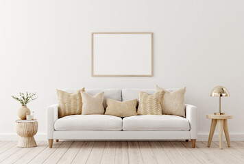 Light brown horizontal wooden frame mockup in living room interior with white sofa and beige pillows. 3D rendering, illustration.