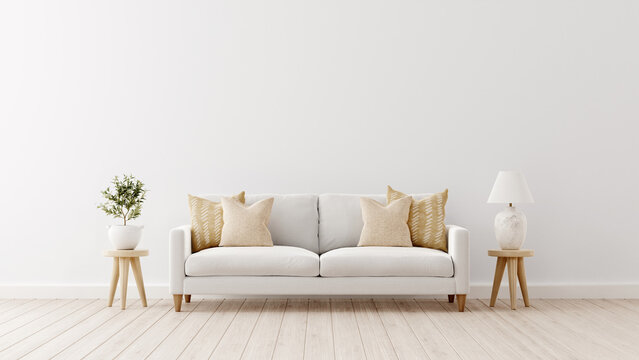 Interior mockup with white sofa, beige pillows and traditional decoration on empty living room wall background. 3D rendering, illustration