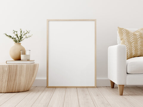 Large vertical wooden frame mockup in white and beige living room interior. 3D rendering, illustration.