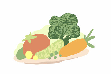 Vector illustration of vegetarian cooking set: tomato, broccoli, carrot, cucumber, peas on the plate. Hand drawing doodle design. Healthy food. Vegetable dish. Nutrition of organic green ingredient.
