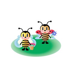 Cute bee and ladybug. Green lawn and flowers. Vector cartoon illustration isolated on white background.
