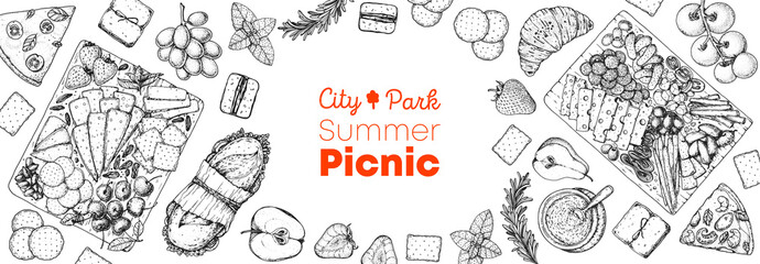 Picnic food top view. Hand drawn vector illustration. Food and drink sketch. Antipasti, pizza, sandwich, fruits, snacks for lunch or dinner. Summer Food top view frame.