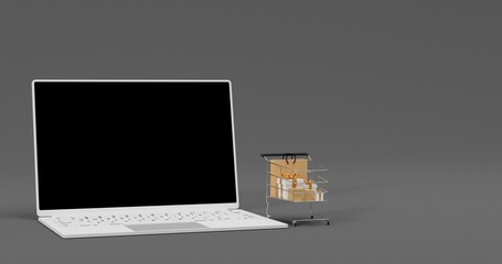 White laptop black screen with shopping cart paper bag gift box parcel box on dark gray background high resolution 8k JPEG 3d Illustration