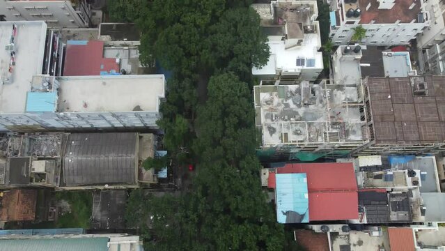 Bangalore, India 14th March 2022:  An aerial shot of Sajjan Rao Circle, VV Puram, Bangalore. Visveswarapura. The capital city of Karnataka drone view. The megacity of India. Cosmopolitan city.