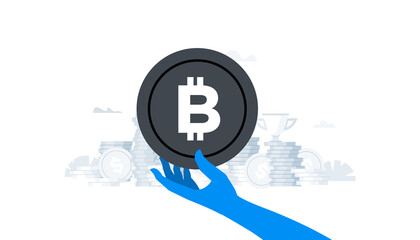 Flat vector illustration. Animation ready duik friendly vector. Conceptual business story. Cryptocurrency exchange, blockchain technology, bitcoin, cryptocurrency mining, digital money market.