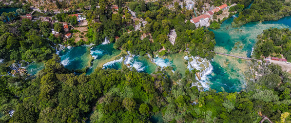 Krka, Croatia - Aerial panoramic view of the beautiful Krka Waterfalls in Krka National Park on a bright summer day