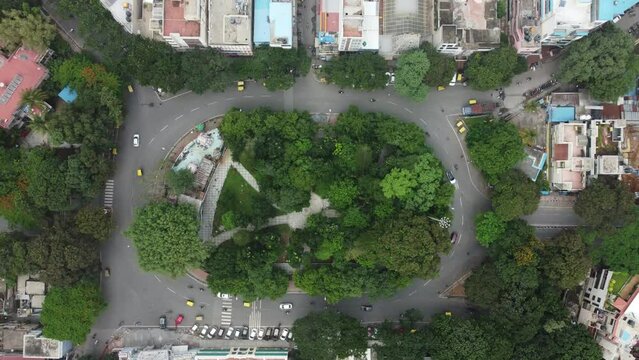 Bangalore, India 14th March 2022:  An aerial shot of Sajjan Rao Circle, VV Puram, Bangalore. Visveswarapura. The capital city of Karnataka drone view. The megacity of India. Cosmopolitan city.