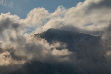 Russia. South of Western Siberia, Altai Mountains. Morning frosty fog on the tops of the taiga mountains along Lake Teletskoye.