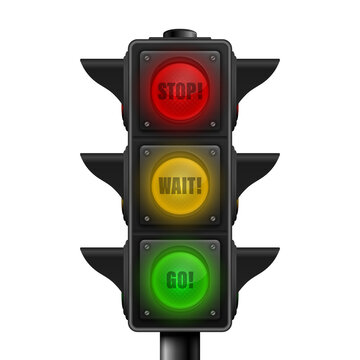Vector 3d Realistic Road Traffic Lights Isolated. Stop, Wait, Go Signals. Safety Rules Concept, Design Template. Stoplight, Turned On Traffic Lights with Red, Yellow, Green Light. Infographic
