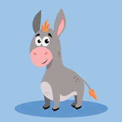 Donkey cartoon. Cute and funny donkey on a blue background. Cartoon vector illustration in a flat style.