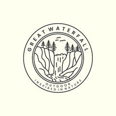 great waterfall with linear and emblem style logo icon template design. tree, nature, outdoor, vector illustration