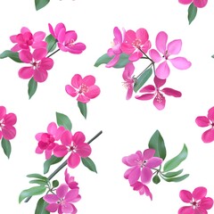 Blossoming flowers sakura on branches, seamless floral pattern on white background. Realistic sakura japan cherry. Watercolor colorful illustration for floral textile, wallpaper or romantic cover.