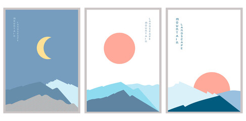 Mountain landscape posters vector illustration set. Sunset and night. Geometric landscape background in Asian Japanese style. Abstract symbol for print, poster, postcard, screensaver on the phone, for